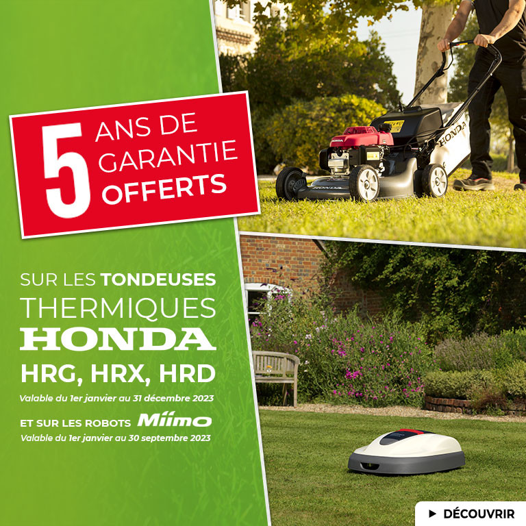 Profitez de 5 ans de garantie offerts sur les tondeuses thermiques Honda HRG, HRX et HRD et sur les tondeuses robot Honda Miimo !