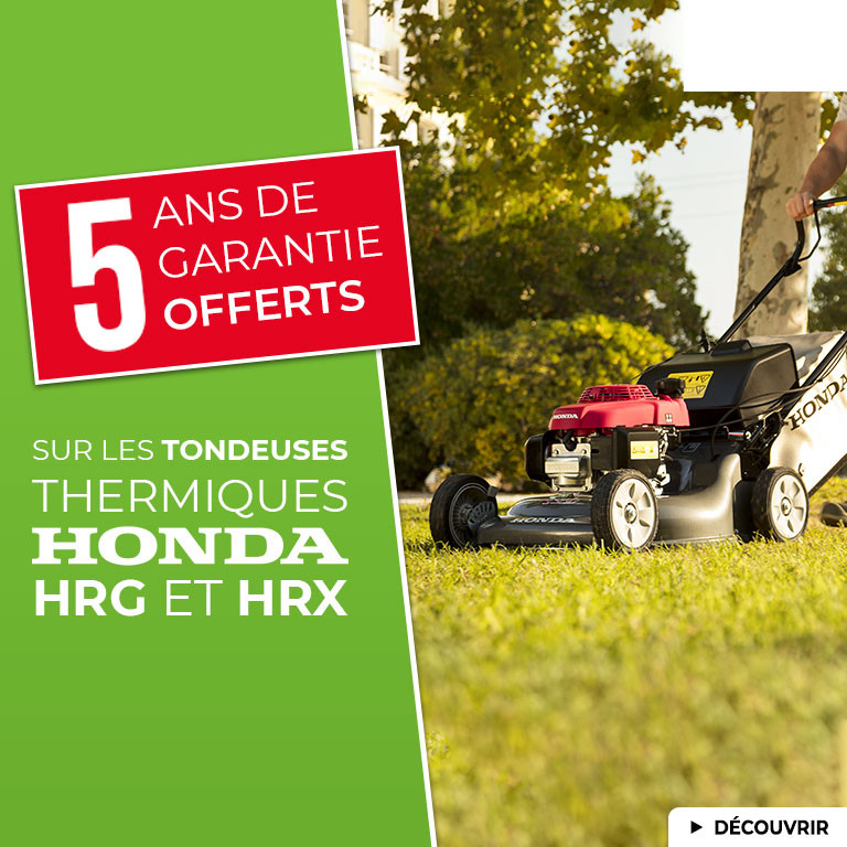 Profitez de 5 ans de garantie offerts sur les tondeuses thermiques Honda HRG et HRX ! Offre valable jusqu'au 31 décembre 2022.