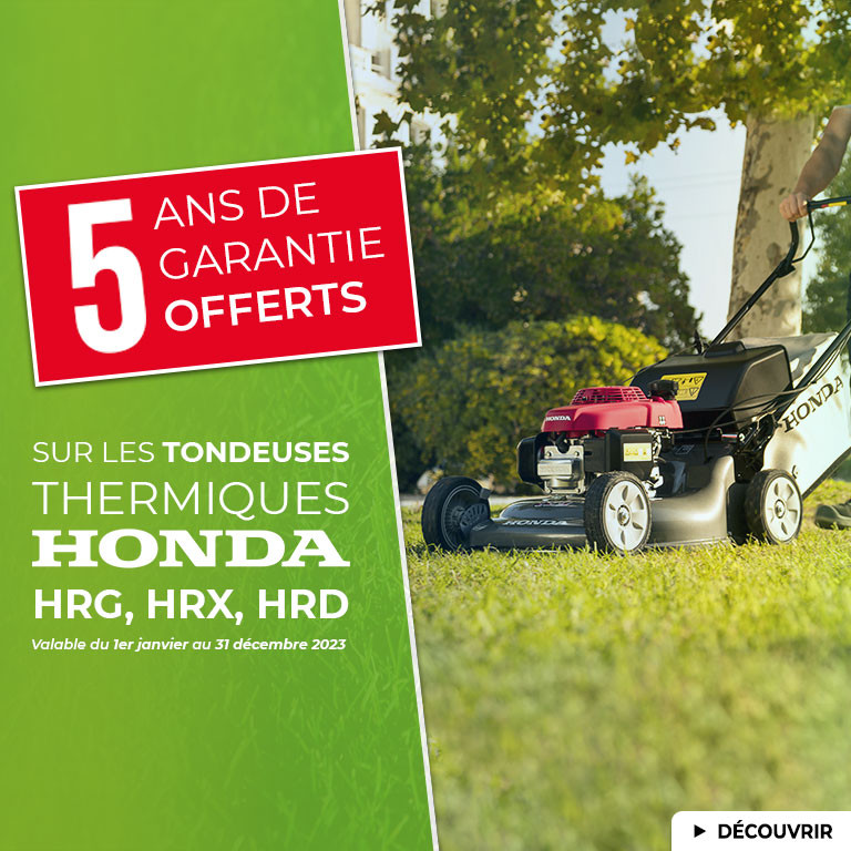 Profitez de 5 ans de garantie offerts sur les tondeuses thermiques Honda HRG, HRX et HRD ! Offre valable jusqu'au 31 décembre 2023.
